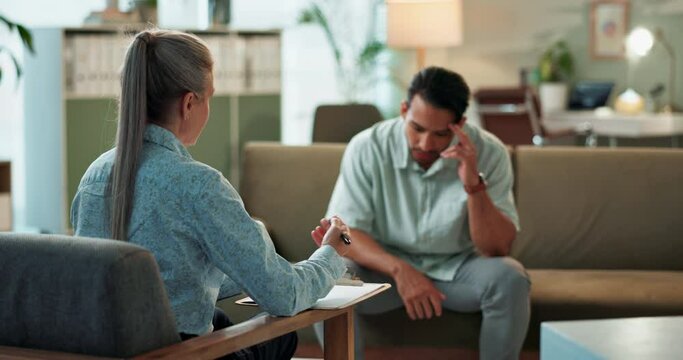 Counseling, depression and patient with therapist for anxiety and advice on psychedelic treatment for ptsd. Psychologist, consultation and man on couch with crisis in mental health from trauma