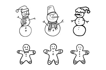 Cute set of gingerbread men and snowmen. Christmas and New Year elements in doodle style. Winter. Great for decoration interior, print posters, banner, greeting card, decoration, packaging. 