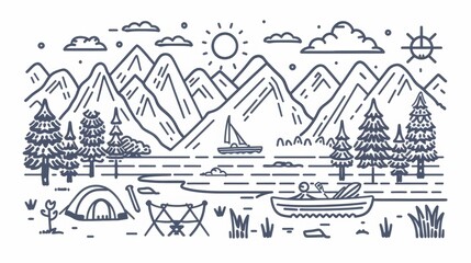 Line art illustrations of outdoor activities such as hiking, camping, and kayaking.