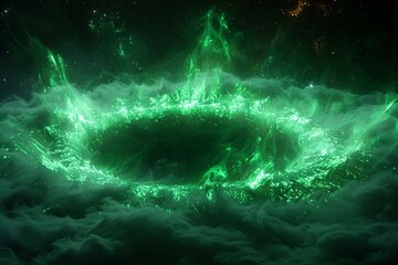 Emerald Vortex Amidst Clouds with Sparkling Green Lights
