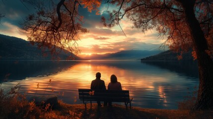 A couple sitting on a bench by a serene lake, quietly enjoying each other's company as they watch the sunset.