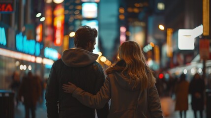 A couple walking hand in hand through a bustling city street, their faces lit up with excitement...