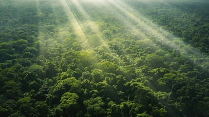 A breathtaking aerial view of a dense tropical rainforest, with beams of sunlight piercing through the lush canopy. This image highlights the vibrant greenery and the tranquil, untouched atmosphere of
