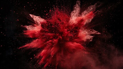 rote Farbexplosion vor dunklem Hintergrund, rauchender Knall, Explosion aus rotem Pulver	
