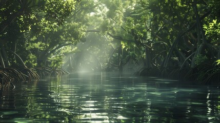 A dense mangrove forest along the coast, providing vital habitat for countless species and protecting against erosion.
