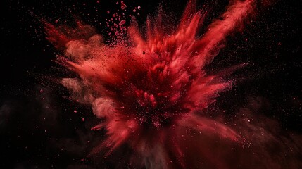 rote Farbexplosion vor dunklem Hintergrund, rauchender Knall, Explosion aus rotem Pulver	
