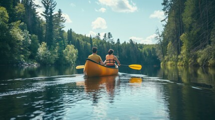 A family paddling together in a colorful canoe on a calm river, surrounded by tall trees.
