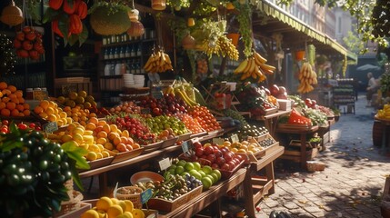 A farmers market overflowing with fresh, locally grown fruits and vegetables.