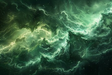 Surreal Green Nebula Clouds in Space with Glowing Dust Particles