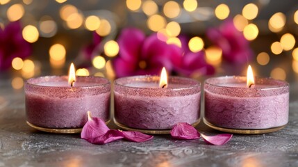 Obraz na płótnie Canvas Three candles atop a table Pink flowers beside them