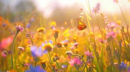 A field of colorful wildflowers swaying gently in the breeze, with a vibrant butterfly flitting amongst them.