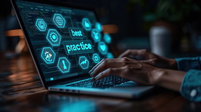 close up of hands typing on a laptop " best practice "  word , keyboard highlighting digital technology and coding