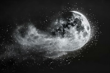 Crescent Moon Amidst Shimmering Cosmic Dust on Dark Background