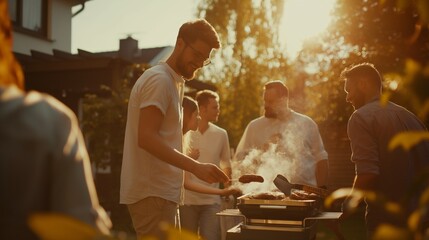 A group of friends having a barbecue in a sunny backyard