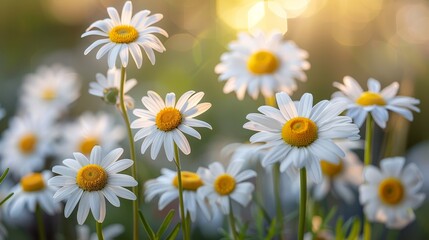 Fototapeta premium A tight shot of several daisies against a sunlit backdrop with a softly blurred background