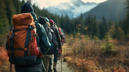 A group of friends hiking up a mountain trail, their backpacks filled with supplies for a day of adventure. - obrazy, fototapety, plakaty