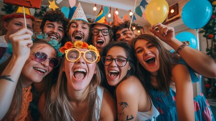 A group of friends posing for a silly photo with funny props at a lively birthday party, their laughter infectious.