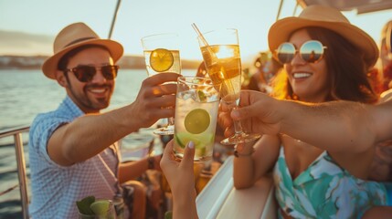 A group of friends toasting with drinks on a boat cruise
