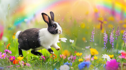 Playful Rabbit and Rainbow in Spring Meadow