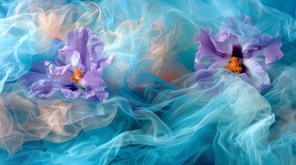   A pair of purple flowers situated on a blue-pink background with white and orange swirling patterns