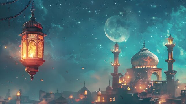 Peaceful Mosque at Night with a Glowing Crescent Moon and lanter