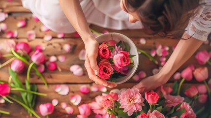over head view a women arranging vibrant pink roses and other flowers on a rustic wooden surface