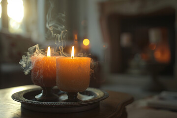 Candles on a tray with a heavy smoke curling up in a dark moody living room setting