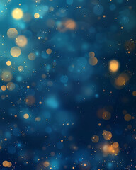 Abstract blue background with glowing bokeh lights and floating particles.