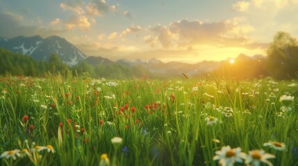 A lush green meadow teeming with wildflowers bathed in the warm glow of a summer sunset.