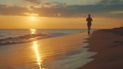 A man jogging along a beach at sunset