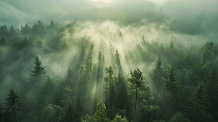 A misty morning in a pine forest with sunbeams piercing through the fog