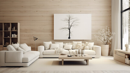 Sofá branco  em uma sala com uma parede de madeira, moderna e cheia de estilo