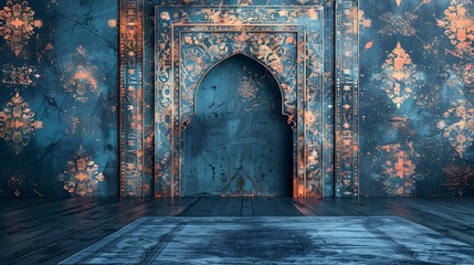 blue Islamic display arches and symmetrical artwork in the indoor mosque - Powered by Adobe