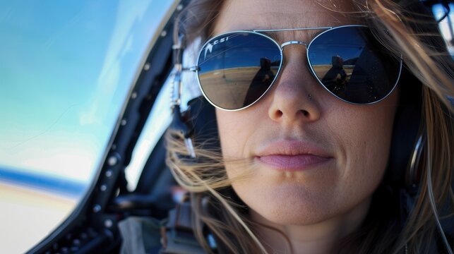 A woman with sunglasses and headphones is sitting in the cockpit of a plane, her face hidden behind the goggles. Her hair is pulled back as she prepares for takeoff AIG50