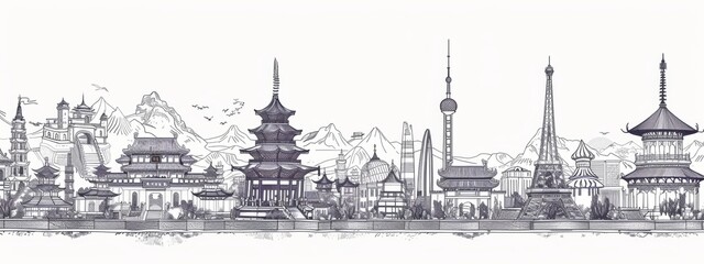 Fototapeta premium Line art illustrations of traditional architecture and landmarks from different countries.