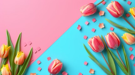   Pink and yellow tulips on a blue-and-pink background, below lies confetti ..Or, for a more concise version: