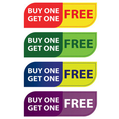 buy one get one free sale tag Promotional Offer Design isolated on white background in 4 colors. 
Sale retail business promotion sticker.