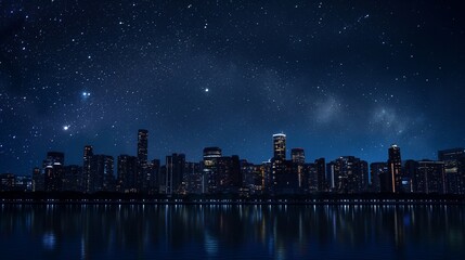 A nighttime scene of a city skyline illuminated by energy-efficient LED lights, with a starry sky...