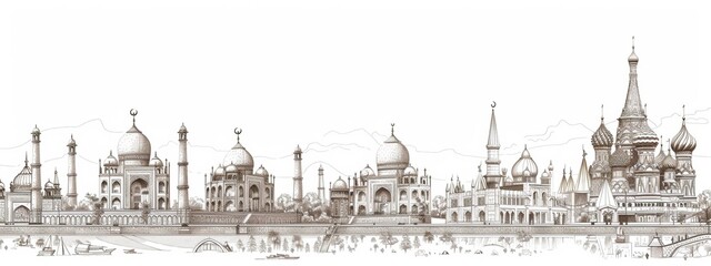 Line art illustrations of traditional architecture and landmarks from different countries.