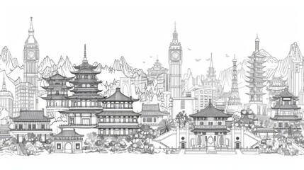 Line art illustrations of traditional architecture and landmarks from different countries.