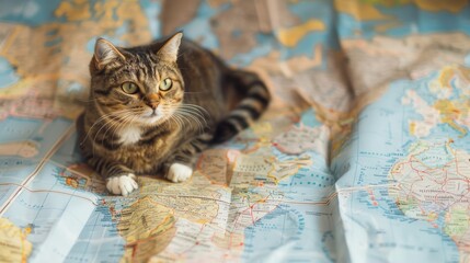 Tabby cat lying on a colorful world map. Indoor natural light pet photography. Education and geography concept.