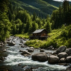 Summertime the high mountains, there is a one cabin, and a river is flowing.