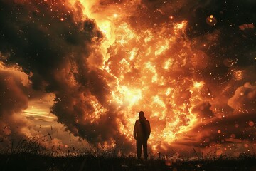 Man Facing Fiery Sky, Symbolizing Inner Power and Chaos