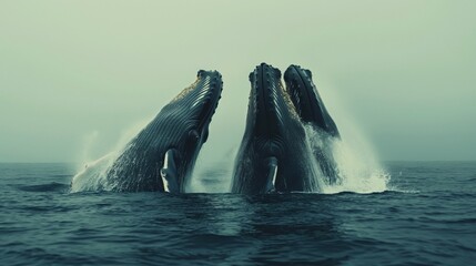 A pod of whales breaching the surface of the ocean, their massive bodies arching gracefully into the air.