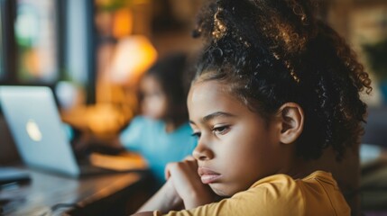 A young female child is seated in front of a modern laptop computer, engaged in digital learning or entertainment. - obrazy, fototapety, plakaty