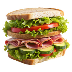 Sandwich with ham, cheese and vegetables isolated on Transparent background.