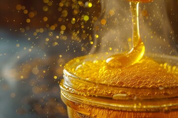 Golden Honey Drizzle in Glass Jar With Sparkling Background
