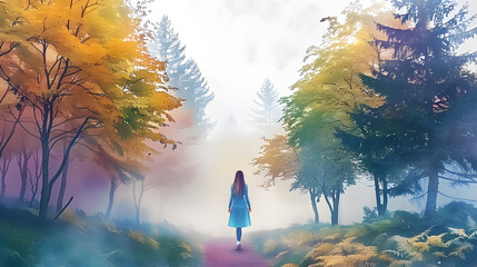 A woman is walking through a forest with colorful trees