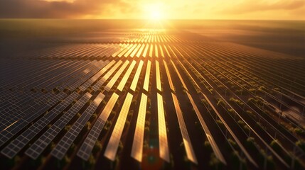 A sprawling solar farm capturing the sun's rays across acres of photovoltaic panels, generating clean energy.