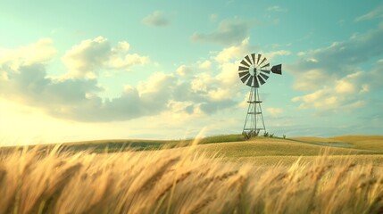 A solitary windmill standing tall on a green hilltop, overlooking a field of golden wheat swaying in the breeze.